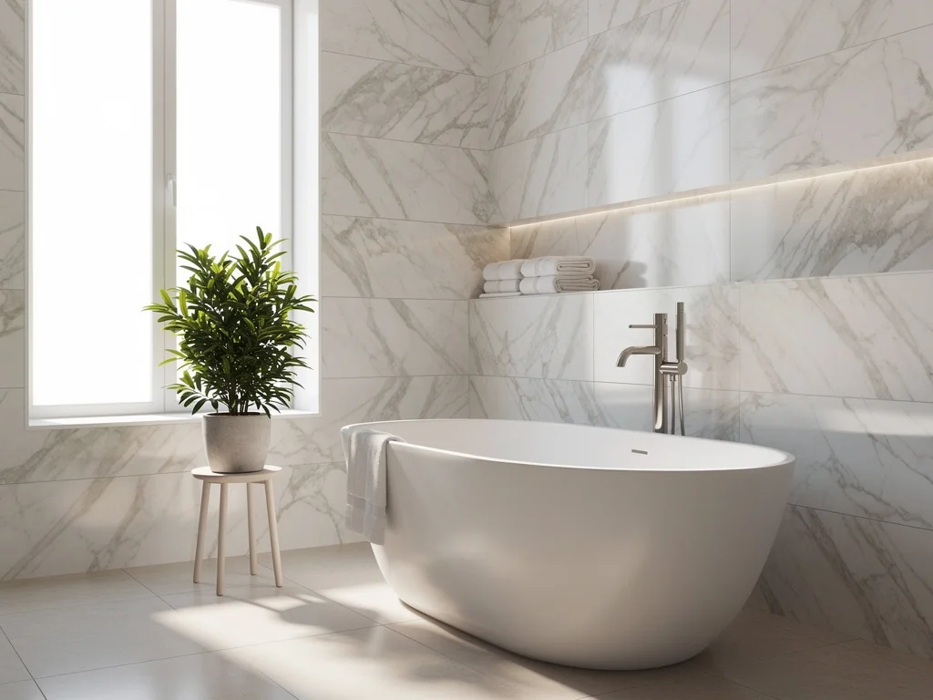 Baignoire îlot ovale près d'une fenêtre, murs en carrelage effet marbre