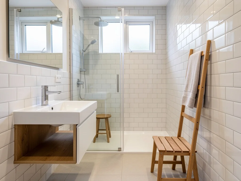 Salle de bain familiale en faïence métro blanche avec douche fermée par une paroi vitrée