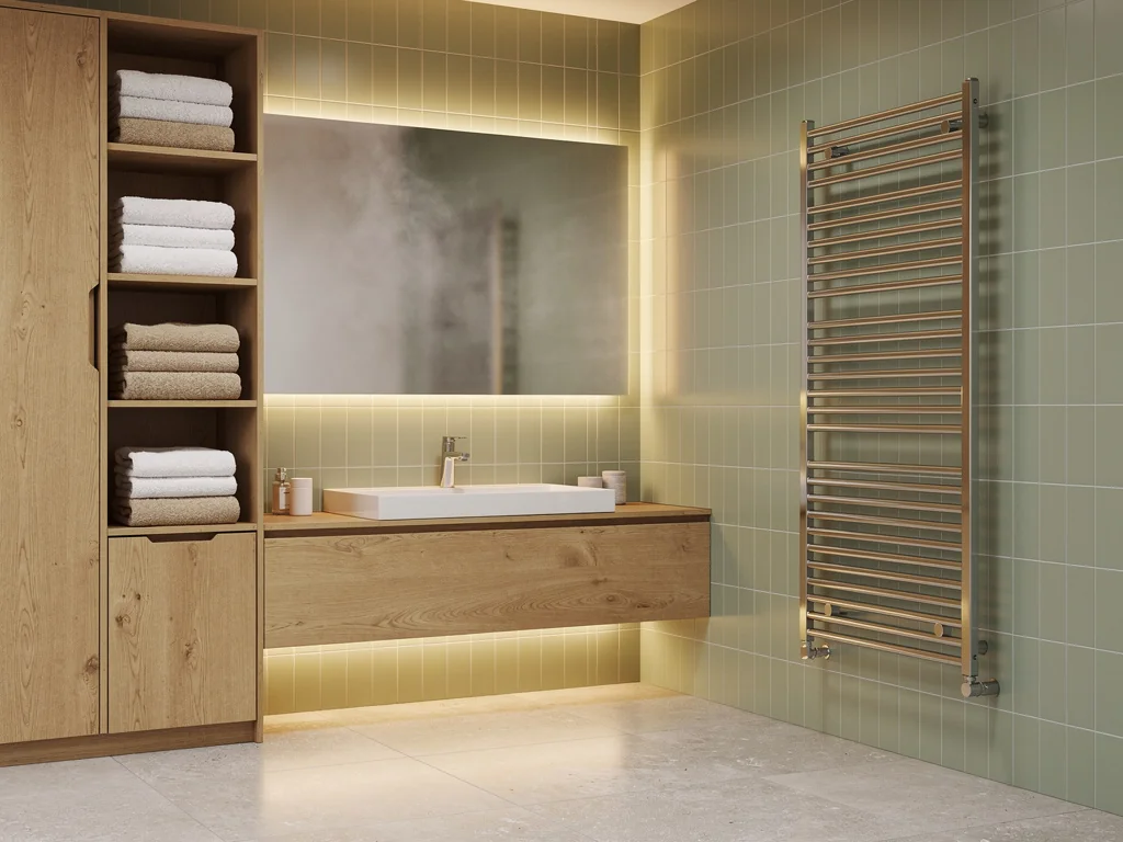 Sèche-serviettes et rangements en bois dans une salle de bain aux tons vert sauge