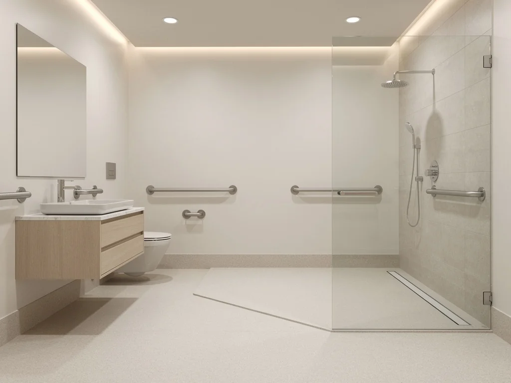 Salle de bain accessible de plain-pied avec barres d'appui et sol antidérapant
